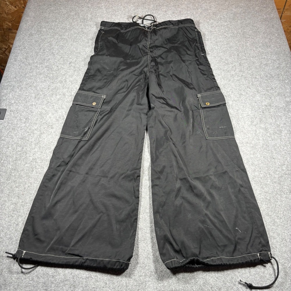 Vintage Kikwear‎ Mens Black Nylon Wide Leg Cargo Rave Pants 90s Y2K 36x29